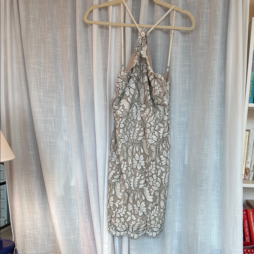 Lulu's Floral Lace Backless Dress in Cream and Gray